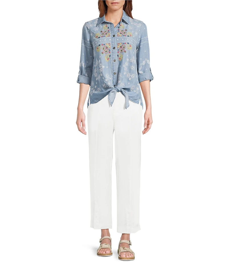 John Mark Petite Size Woven Paisley Embroidered Point Collar Long -Roll Tab Sleeve Button Front Tie Shirt