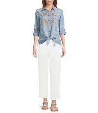 John Mark Petite Size Woven Paisley Embroidered Point Collar Long -Roll Tab Sleeve Button Front Tie Shirt