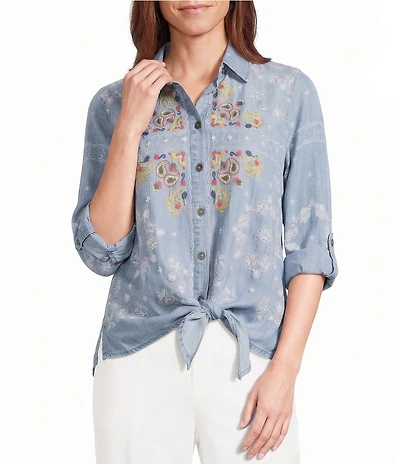 John Mark Petite Size Woven Paisley Embroidered Point Collar Long -Roll Tab Sleeve Button Front Tie Shirt