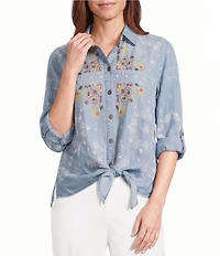 John Mark Petite Size Woven Paisley Embroidered Point Collar Long -Roll Tab Sleeve Button Front Tie Shirt