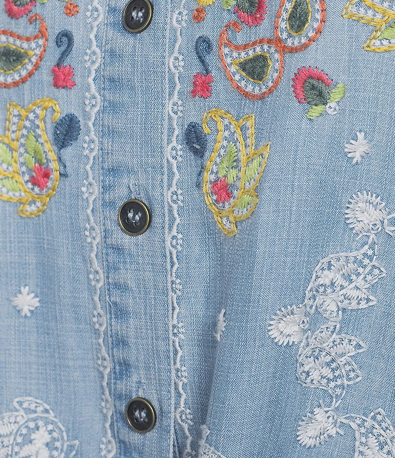 John Mark Petite Size Woven Paisley Embroidered Point Collar Long -Roll Tab Sleeve Button Front Tie Shirt
