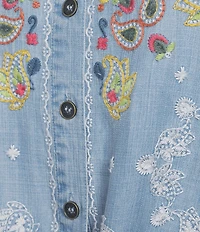 John Mark Petite Size Woven Paisley Embroidered Point Collar Long -Roll Tab Sleeve Button Front Tie Shirt