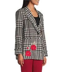 John Mark Plaid Tweed Floral Applique Shawl Collar Fringe Coat