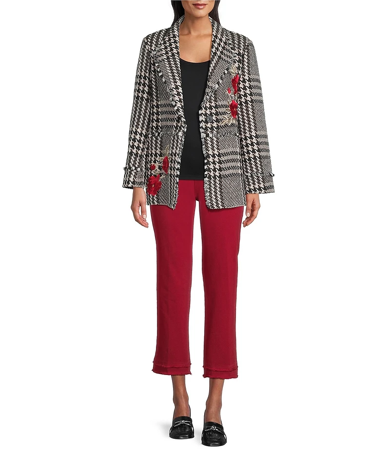 John Mark Plaid Tweed Floral Applique Shawl Collar Fringe Coat