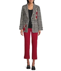 John Mark Plaid Tweed Floral Applique Shawl Collar Fringe Coat