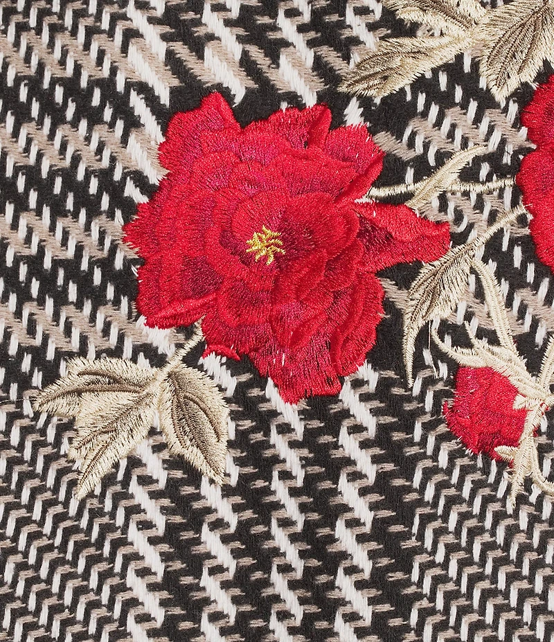 John Mark Plaid Tweed Floral Applique Shawl Collar Fringe Coat