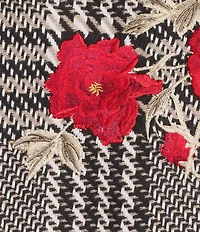 John Mark Plaid Tweed Floral Applique Shawl Collar Fringe Coat