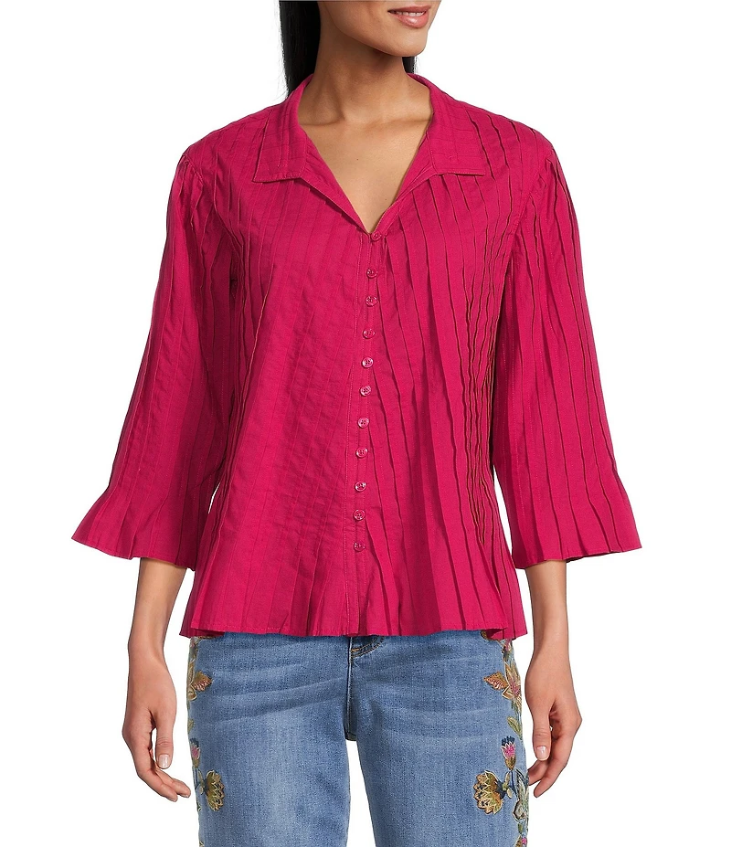 John Mark Pleated Solid Color Wire Collar 3/4 Sleeve Button Front Shirt
