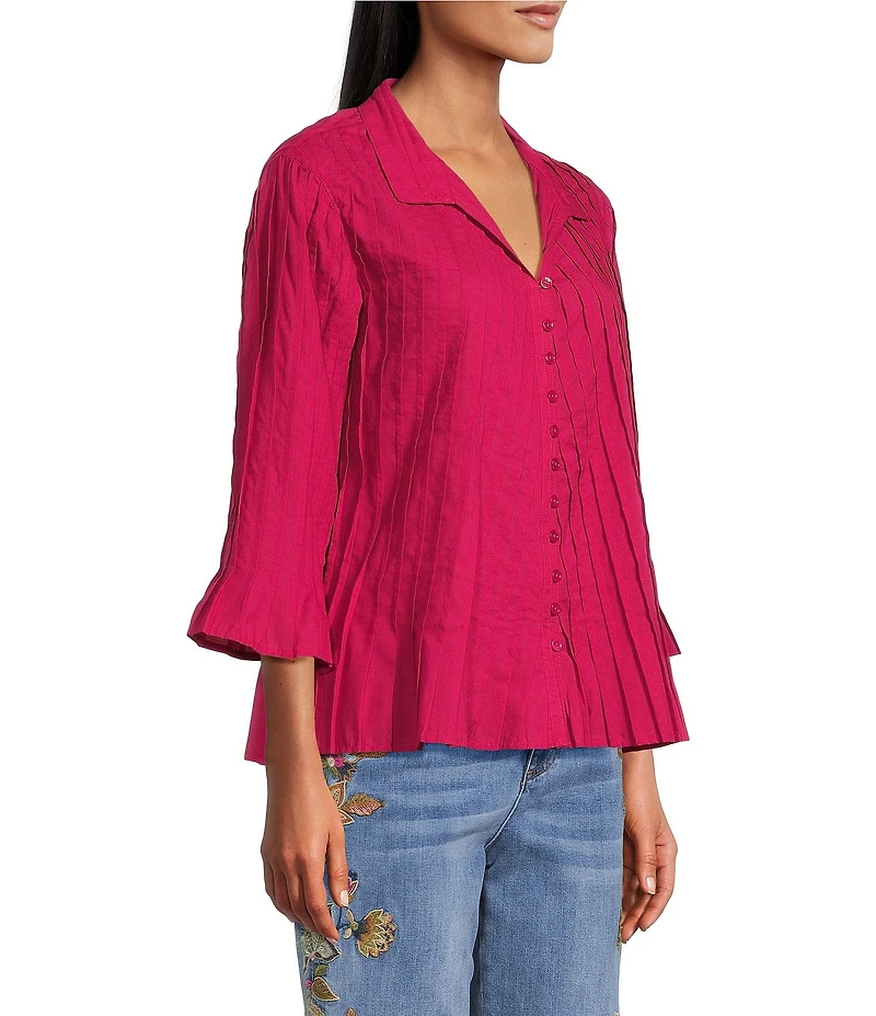 John Mark Pleated Solid Color Wire Collar 3/4 Sleeve Button Front Shirt