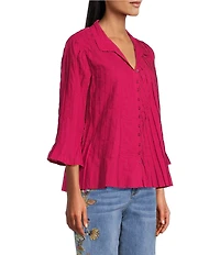 John Mark Pleated Solid Color Wire Collar 3/4 Sleeve Button Front Shirt