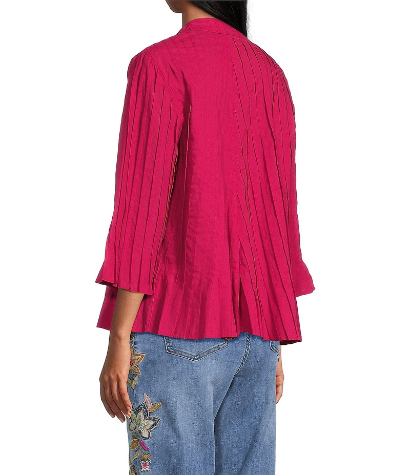 John Mark Pleated Solid Color Wire Collar 3/4 Sleeve Button Front Shirt