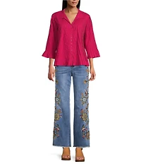 John Mark Pleated Solid Color Wire Collar 3/4 Sleeve Button Front Shirt