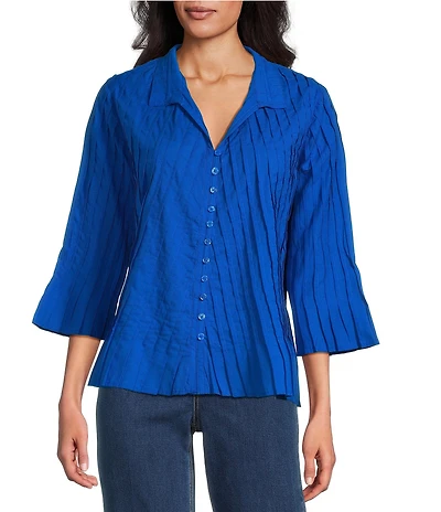 John Mark Pleated Solid Color Wire Collar 3/4 Sleeve Button Front Shirt