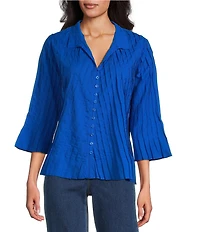 John Mark Pleated Solid Color Wire Collar 3/4 Sleeve Button Front Shirt