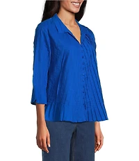 John Mark Pleated Solid Color Wire Collar 3/4 Sleeve Button Front Shirt