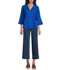John Mark Pleated Solid Color Wire Collar 3/4 Sleeve Button Front Shirt