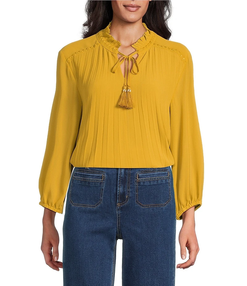 John Mark Pleated Tassel Tie Front Long Sleeve Embroidered Top
