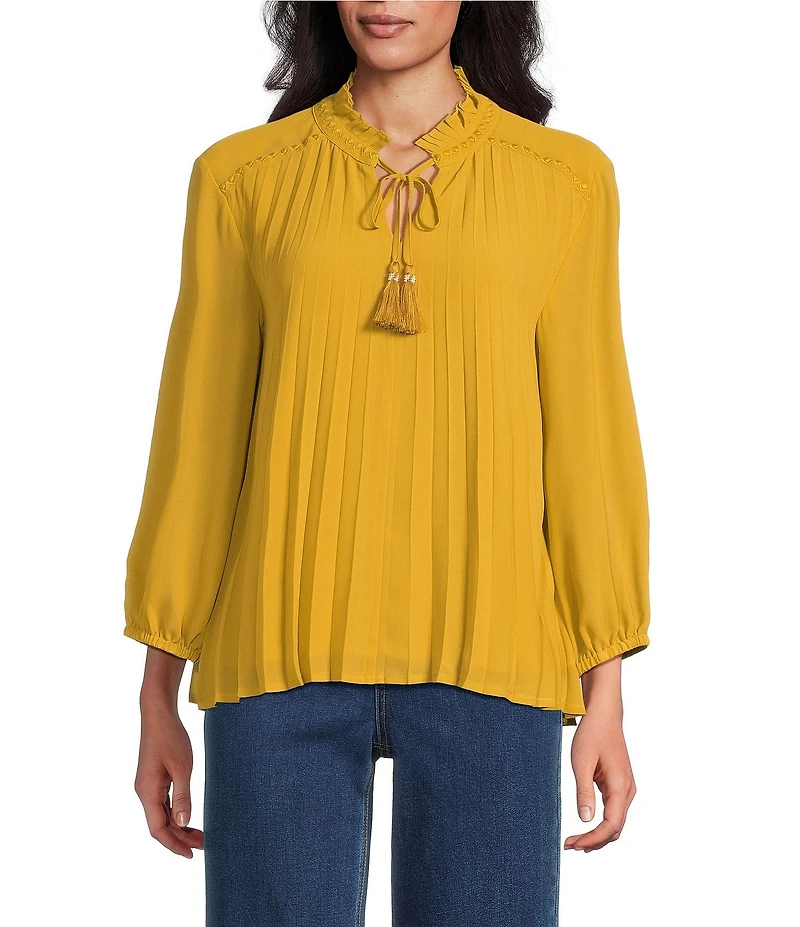 John Mark Pleated Tassel Tie Front Long Sleeve Embroidered Top