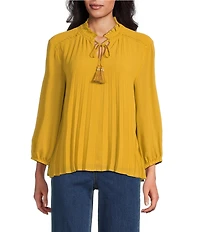 John Mark Pleated Tassel Tie Front Long Sleeve Embroidered Top