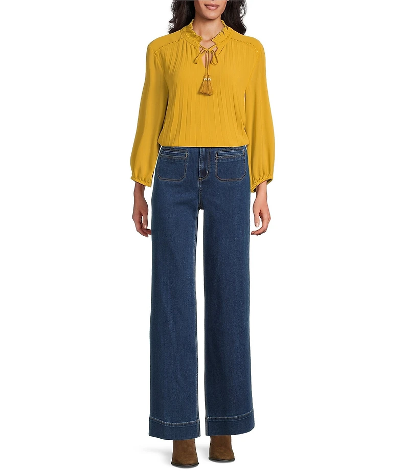 John Mark Pleated Tassel Tie Front Long Sleeve Embroidered Top