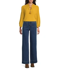 John Mark Pleated Tassel Tie Front Long Sleeve Embroidered Top