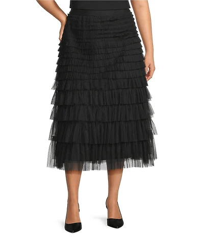 John Mark Plus Size A-Line Tiered Tulle Pull-On Midi Skirt