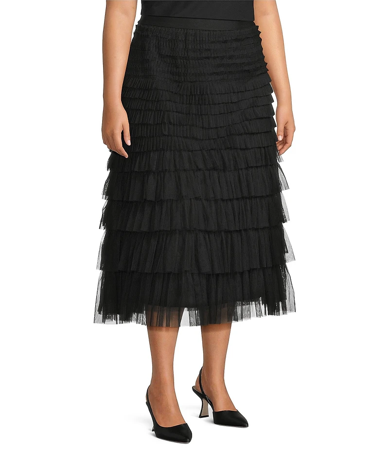John Mark Plus Size A-Line Tiered Tulle Pull-On Midi Skirt