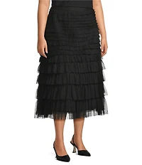 John Mark Plus Size A-Line Tiered Tulle Pull-On Midi Skirt