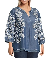 John Mark Plus Size All Over Floral Embroidered Band Split V-Neck 3/4 Sleeve Top
