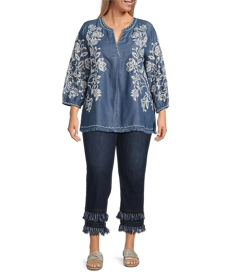 John Mark Plus Size All Over Floral Embroidered Band Split V-Neck 3/4 Sleeve Top