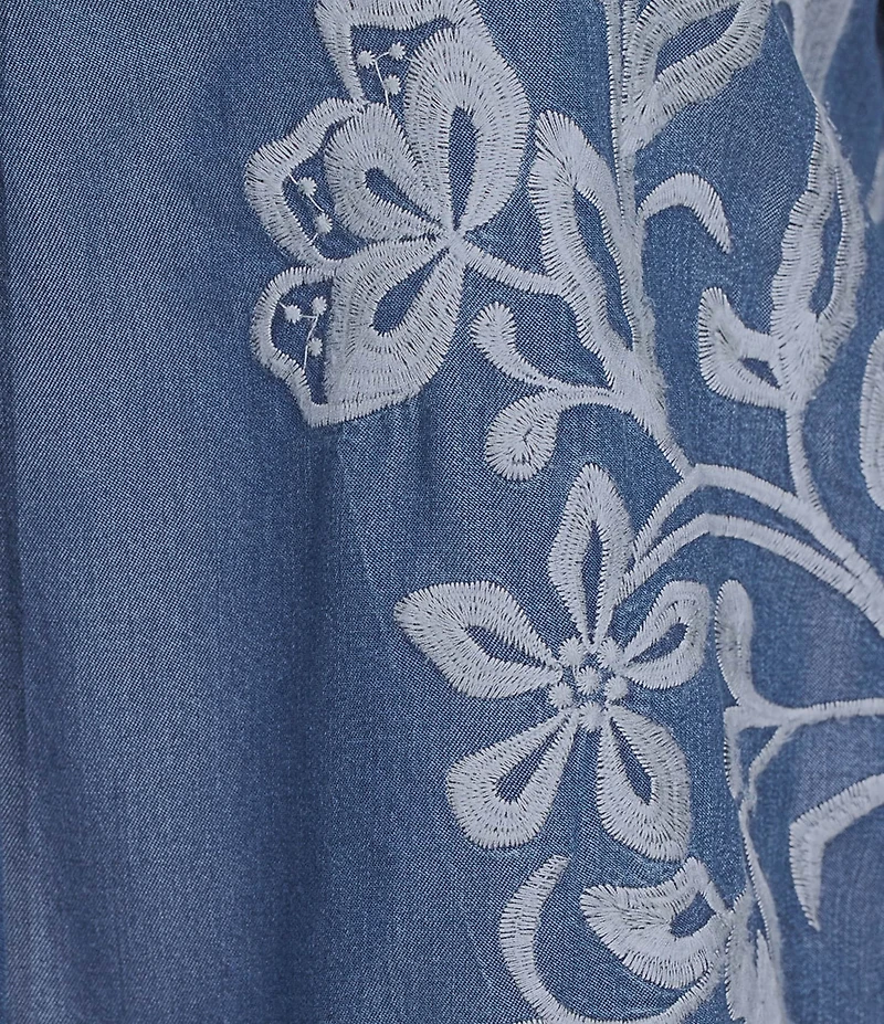 John Mark Plus Size All Over Floral Embroidered Band Split V-Neck 3/4 Sleeve Top