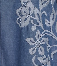 John Mark Plus Size All Over Floral Embroidered Band Split V-Neck 3/4 Sleeve Top