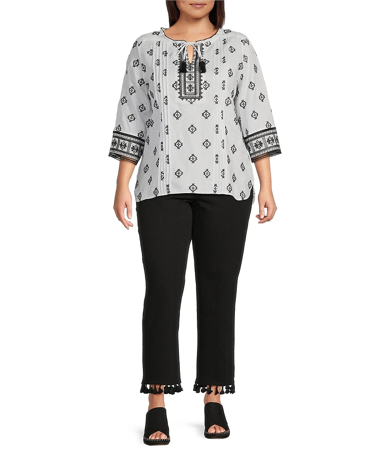 John Mark Plus Size Allover Embroidered Split V-Neck 3/4 Sleeve Tassel Tie Tunic