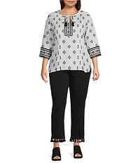 John Mark Plus Size Allover Embroidered Split V-Neck 3/4 Sleeve Tassel Tie Tunic