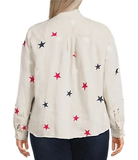 John Mark Plus Size Allover Embroidered Stars Wire Collar Long Roll-Tab Sleeve Button Front Tie Blouse