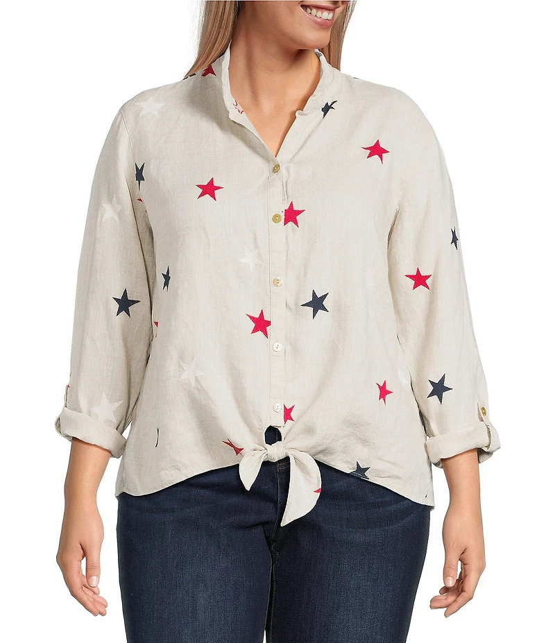 John Mark Plus Size Allover Embroidered Stars Wire Collar Long Roll-Tab Sleeve Button Front Tie Blouse
