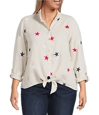 John Mark Plus Size Allover Embroidered Stars Wire Collar Long Roll-Tab Sleeve Button Front Tie Blouse