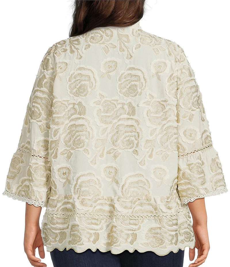 John Mark Plus Size Allover Floral Embroidered Spread Collar 3/4 Sleeve Peasant Top