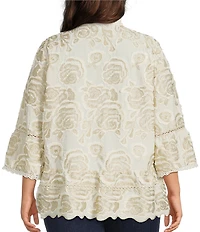 John Mark Plus Size Allover Floral Embroidered Spread Collar 3/4 Sleeve Peasant Top