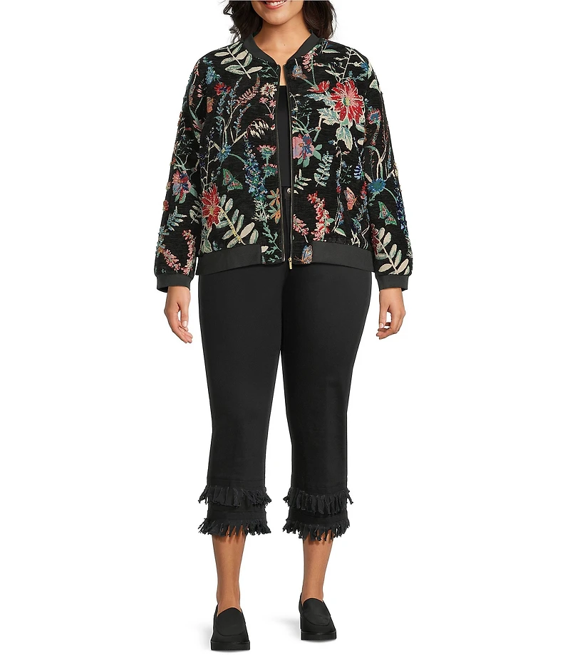 John Mark Plus Size Allover Floral Jacquard Beaded Long Sleeve Ribbed Neck Zip-Front Jacket