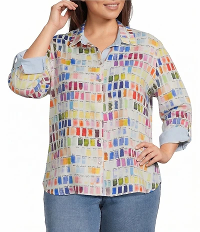 John Mark Plus Size Allover Pantone Swatch Print Point Collar 3/4 Cinched Sleeve Button Front Shirt
