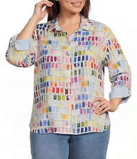 John Mark Plus Size Allover Pantone Swatch Print Point Collar 3/4 Cinched Sleeve Button Front Shirt