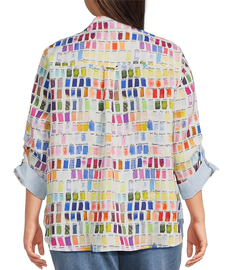 John Mark Plus Size Allover Pantone Swatch Print Point Collar 3/4 Cinched Sleeve Button Front Shirt