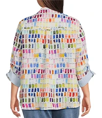 John Mark Plus Size Allover Pantone Swatch Print Point Collar 3/4 Cinched Sleeve Button Front Shirt