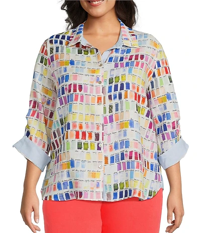 John Mark Plus Size Allover Pantone Swatch Print Point Collar 3/4 Cinched Sleeve Button Front Shirt