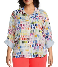 John Mark Plus Size Allover Pantone Swatch Print Point Collar 3/4 Cinched Sleeve Button Front Shirt