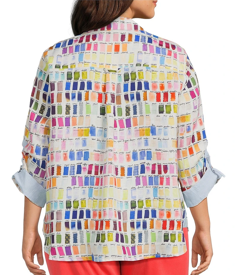 John Mark Plus Size Allover Pantone Swatch Print Point Collar 3/4 Cinched Sleeve Button Front Shirt