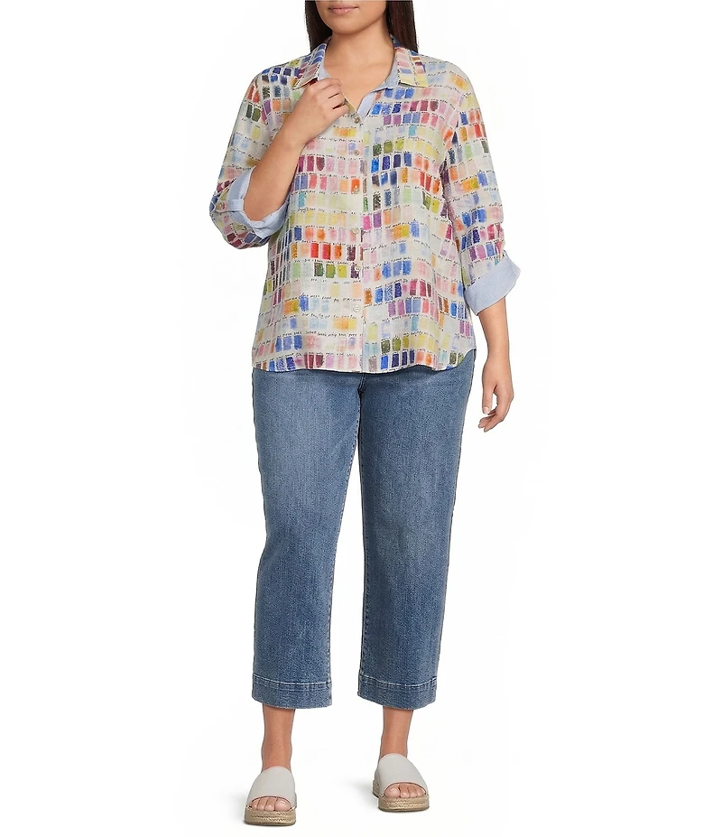 John Mark Plus Size Allover Pantone Swatch Print Point Collar 3/4 Cinched Sleeve Button Front Shirt