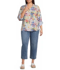 John Mark Plus Size Allover Pantone Swatch Print Point Collar 3/4 Cinched Sleeve Button Front Shirt