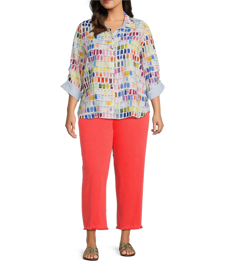 John Mark Plus Size Allover Pantone Swatch Print Point Collar 3/4 Cinched Sleeve Button Front Shirt